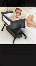 Dark grey baby bedside bassinet adjustable height with wheels