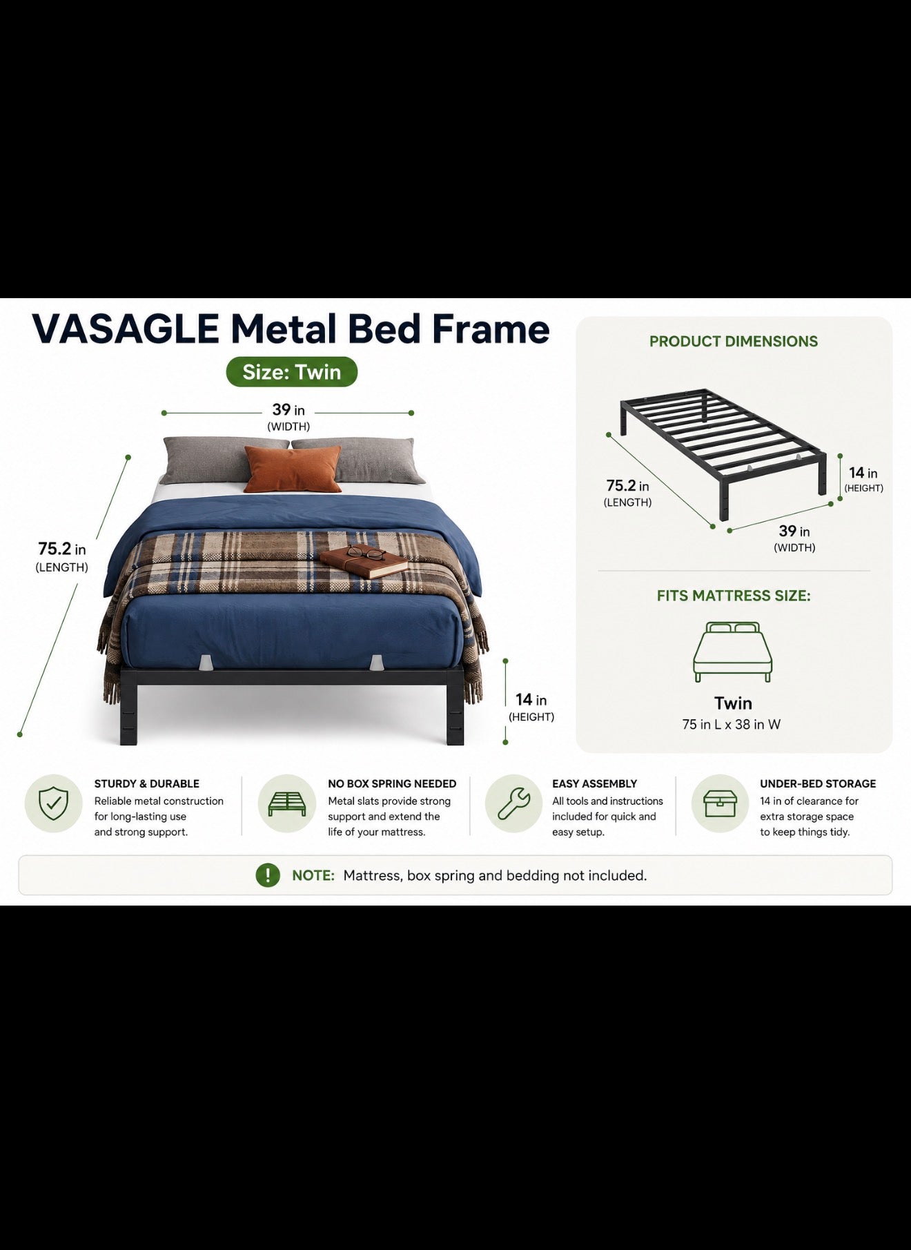 VASAGLE Metal Bed Frame