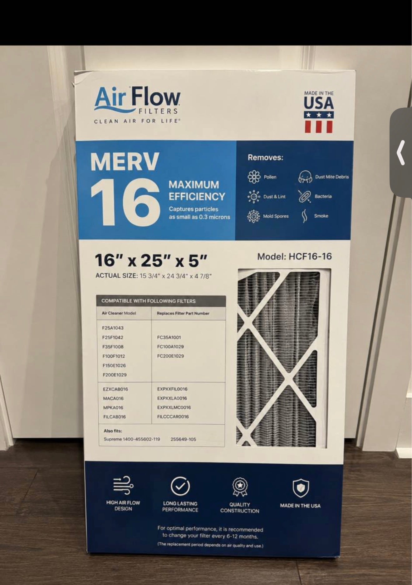 Air Flow Filters MERV 16 Air Filter 16x25x5 Model HCF16-16