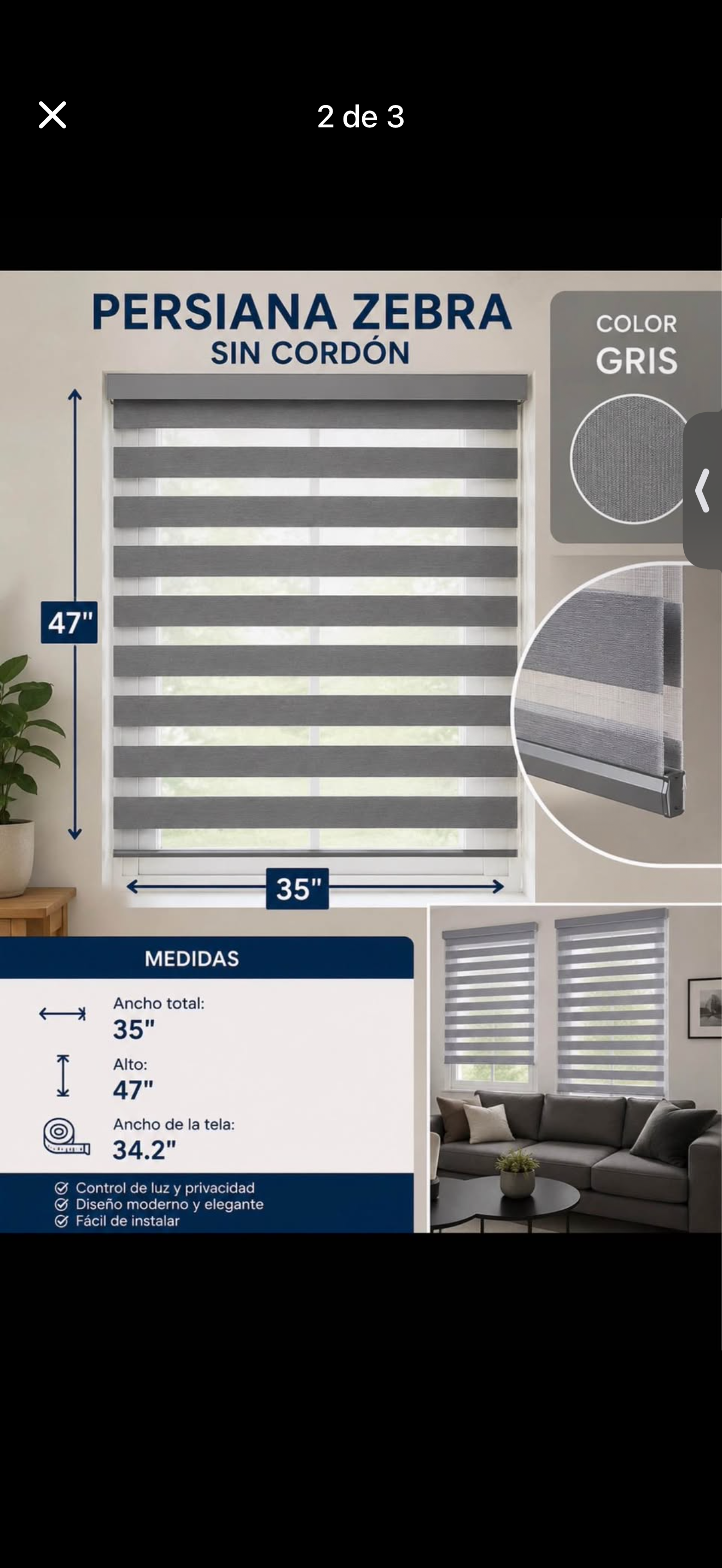 Cordless Grey Zebra Blind 35x47 inches